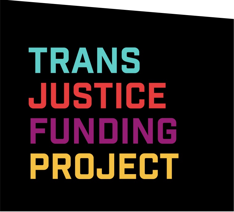 Trans Justice Funding Project logo. Black background with text in blue, pink, purple, and yellow.